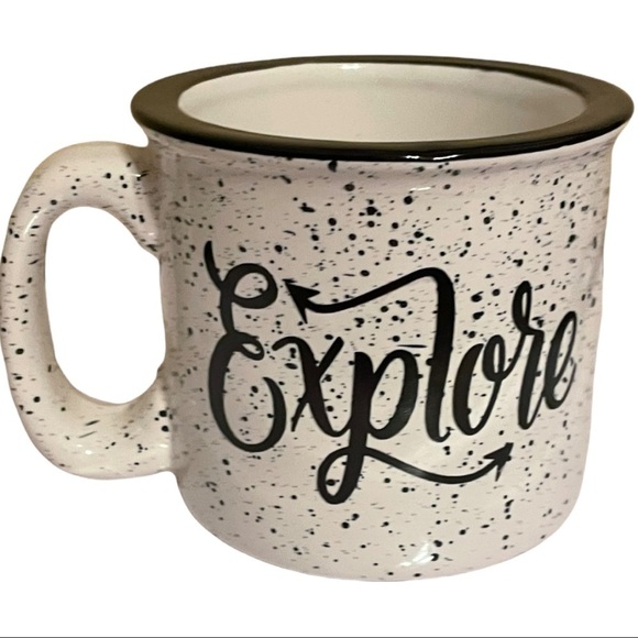 “EXPLORE” pottery mug white w/black speckle - Picture 2 of 4